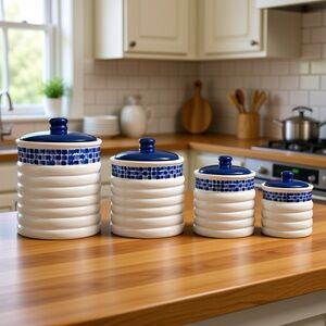 VTG Set of 4 Himark Blue & White Mosaic Graduated Ribbed Canisters HTF Complete